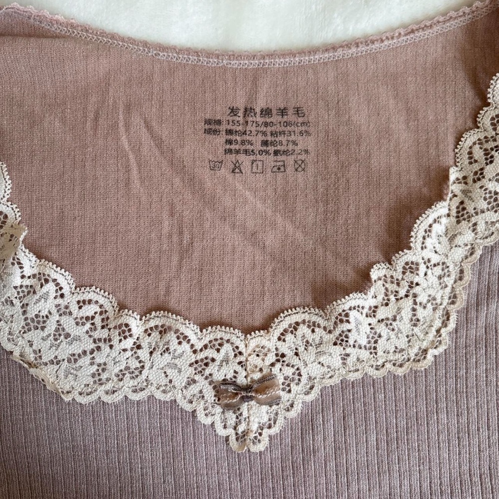 coquette beige/dusty pink ribbed top with cream lace trim and bow detail - Picture 3 of 4